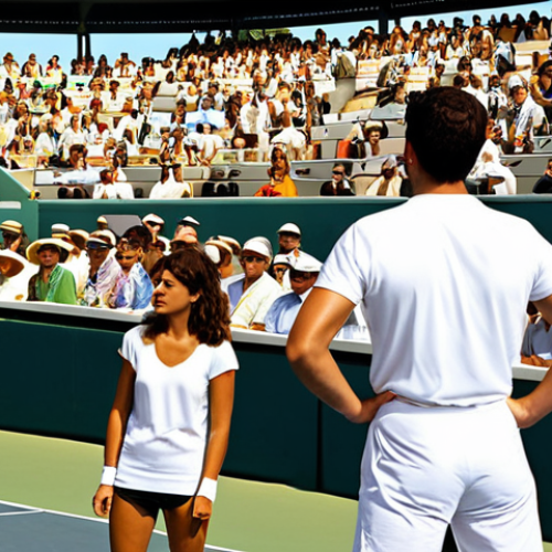 Home 23 **
"Crowd watching a tennis match, focusing on respectful behavior: quiet during serve, minimal movement, polite applause. Include both men and women in comfortable, stylish clothing. Bright sunlight, outdoor setting, modern tennis stadium. Capture the essence of *adab* (etiquette) in a sports setting."
**