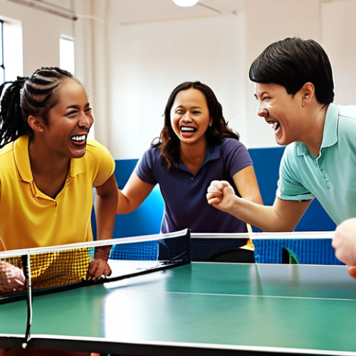 Home 22 **
A diverse group of people enthusiastically playing table tennis in a bright, modern community center. Focus on the social interaction, laughter, and friendly competition.
**