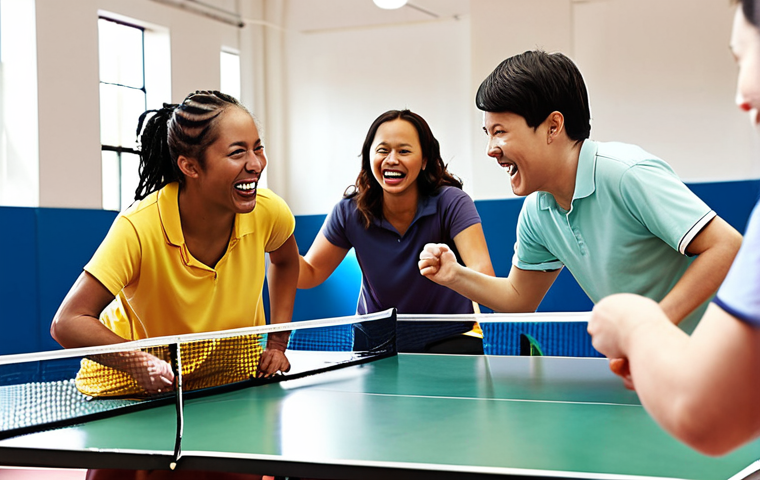 **

A diverse group of people enthusiastically playing table tennis in a bright, modern community center. Focus on the social interaction, laughter, and friendly competition.

**
