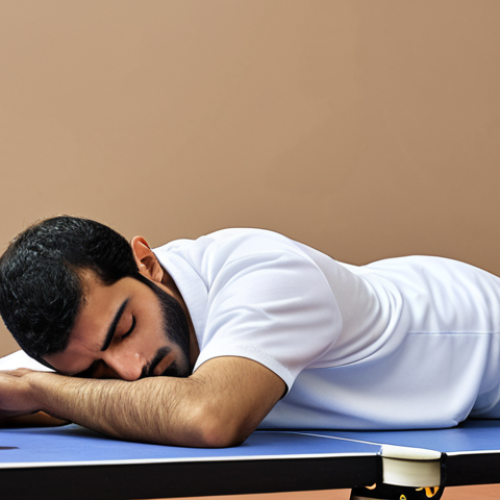 Home 21 **Recovery**: An Arab table tennis player is shown resting peacefully, perhaps sleeping soundly or engaging in a light, restorative stretch (like a gentle, static hamstring stretch), conveying deep relaxation and muscle recovery.