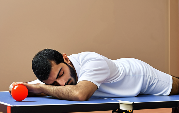 **Recovery**: An Arab table tennis player is shown resting peacefully, perhaps sleeping soundly or engaging in a light, restorative stretch (like a gentle, static hamstring stretch), conveying deep relaxation and muscle recovery.