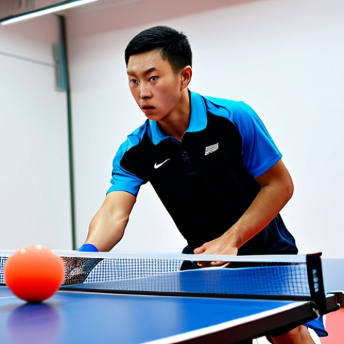 Home 20 Focused Training Session**
"A professional table tennis player in appropriate athletic attire, practicing serves at a table in a modern training facility, fully clothed, demonstrating proper technique, intense concentration, safe for work, perfect anatomy, natural proportions, professional photography, high quality, family-friendly, improving serve variety to avoid predictable patterns, motion blur on the ball to indicate speed."
**