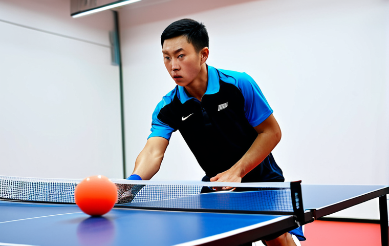 Focused Training Session**

"A professional table tennis player in appropriate athletic attire, practicing serves at a table in a modern training facility, fully clothed, demonstrating proper technique, intense concentration, safe for work, perfect anatomy, natural proportions, professional photography, high quality, family-friendly, improving serve variety to avoid predictable patterns, motion blur on the ball to indicate speed."

**
