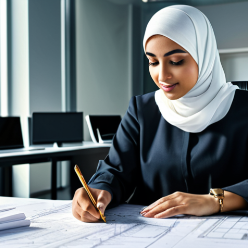 Home 9 **
"A professional female architect of Arab descent, wearing a hijab and modest professional attire, reviewing blueprints in a modern, sunlit office in Dubai. Safe for work, appropriate content, fully clothed, professional, perfect anatomy, natural proportions, high-resolution photograph, family-friendly."
**