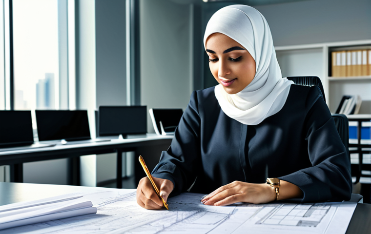 **

"A professional female architect of Arab descent, wearing a hijab and modest professional attire, reviewing blueprints in a modern, sunlit office in Dubai. Safe for work, appropriate content, fully clothed, professional, perfect anatomy, natural proportions, high-resolution photograph, family-friendly."

**
