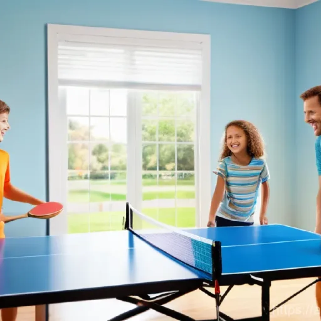 탁구 테이블 가격 분석 - **Prompt:** A vibrant, sunlit indoor scene showing a diverse family of four (two adults, two childre...