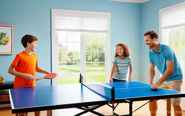 탁구 테이블 가격 분석 - **Prompt:** A vibrant, sunlit indoor scene showing a diverse family of four (two adults, two childre...