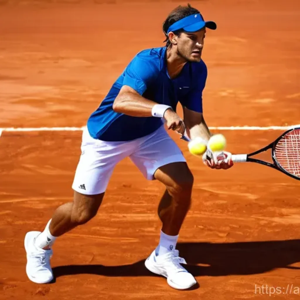 테니스 프로 선수의 스폰서 장비 - **Prompt:** A highly focused professional male tennis player, mid-match, holding a state-of-the-art ...