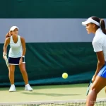 Home 11 테니스 복식 경기 규칙 - **Dynamic Doubles Communication:** A lively outdoor tennis court scene during a doubles match. Two m...