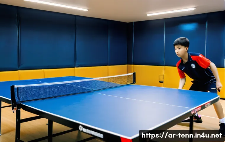 탁구 네트 높이 규칙 - **Prompt:** A brightly lit, indoor table tennis training facility. Two young athletes, around 14 yea...