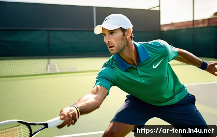 테니스 공회전 원리와 활용법 - **Prompt 1: Dynamic Topspin Forehand**
A highly detailed, dynamic shot of a professional male te...