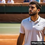 Home 17 테니스 경기 중 실수 줄이는 방법 - A focused Middle Eastern male tennis player in his mid-20s, wearing a clean white sports shirt and s...