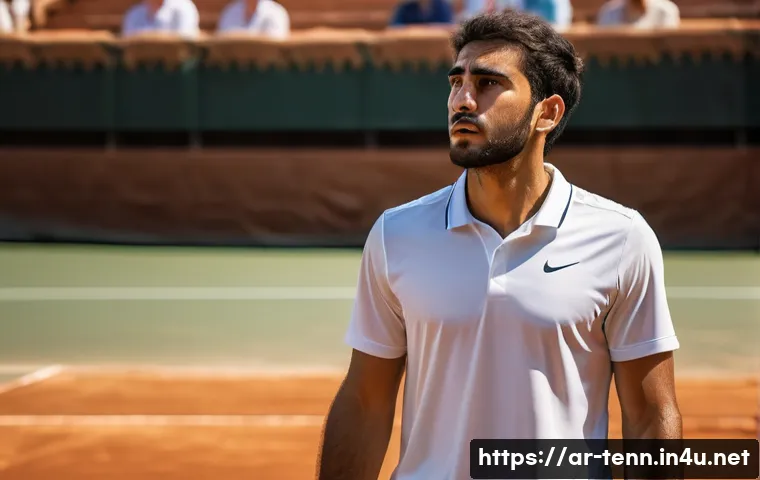 테니스 경기 중 실수 줄이는 방법 - A focused Middle Eastern male tennis player in his mid-20s, wearing a clean white sports shirt and s...