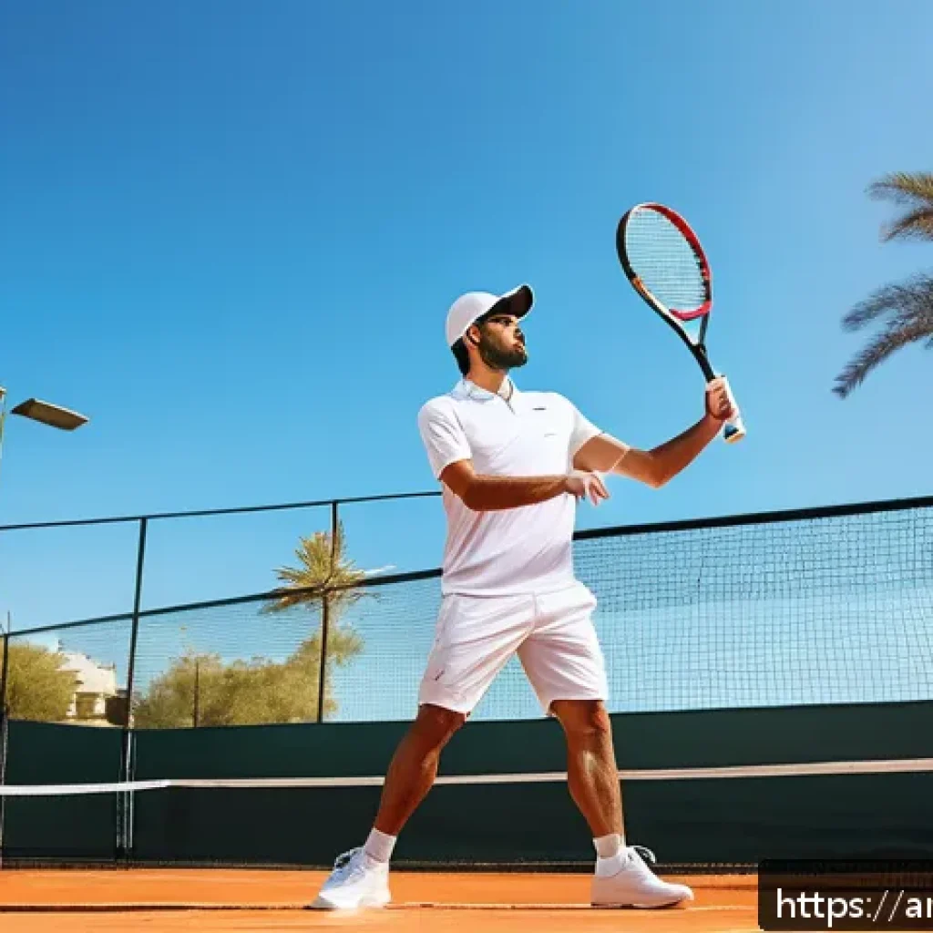 테니스 경기 전 준비물 체크 - A professional male tennis player of Middle Eastern descent wearing breathable, lightweight sportswe...