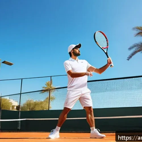 Home 26 테니스 경기 전 준비물 체크 - A professional male tennis player of Middle Eastern descent wearing breathable, lightweight sportswe...