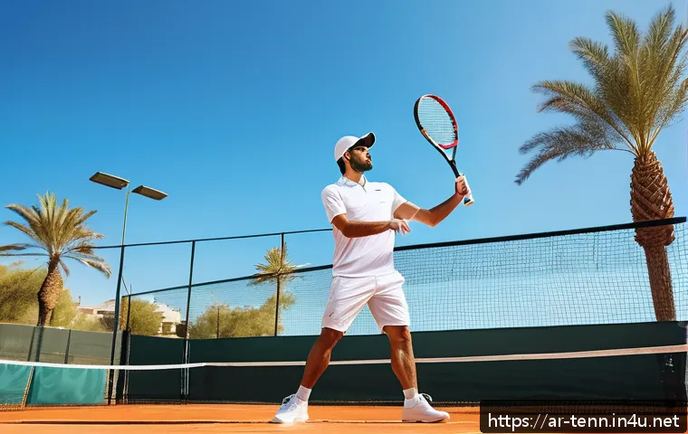 테니스 경기 전 준비물 체크 - A professional male tennis player of Middle Eastern descent wearing breathable, lightweight sportswe...