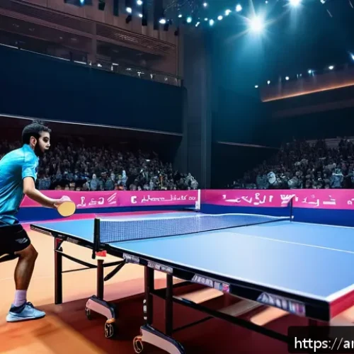 Home 15 탁구 유명 선수의 플레이 분석 - A dynamic table tennis match scene set in a modern indoor sports hall with bright lighting and Arabi...