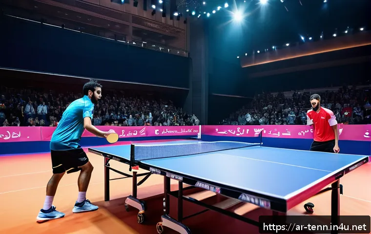 탁구 유명 선수의 플레이 분석 - A dynamic table tennis match scene set in a modern indoor sports hall with bright lighting and Arabi...