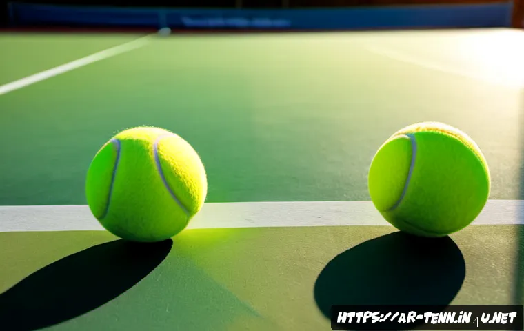 테니스 공 종류와 선택 기준 - Photorealistic tennis ball comparison on a clean hard court at a modern Middle Eastern tennis club, ...