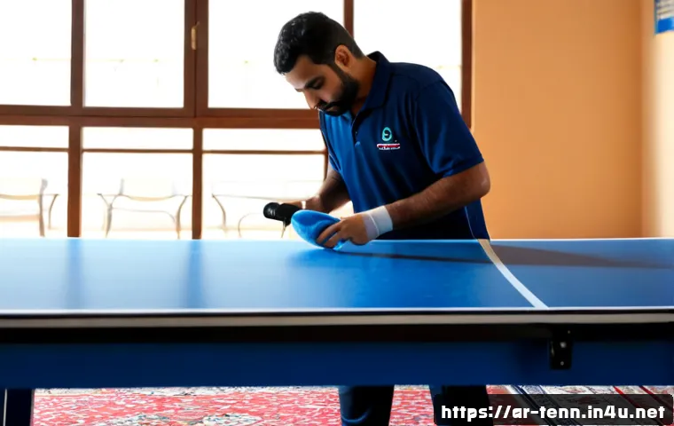 탁구 테이블과 라켓 관리법 - Photorealistic scene of an Arab man carefully cleaning a blue indoor table tennis table with a soft ...