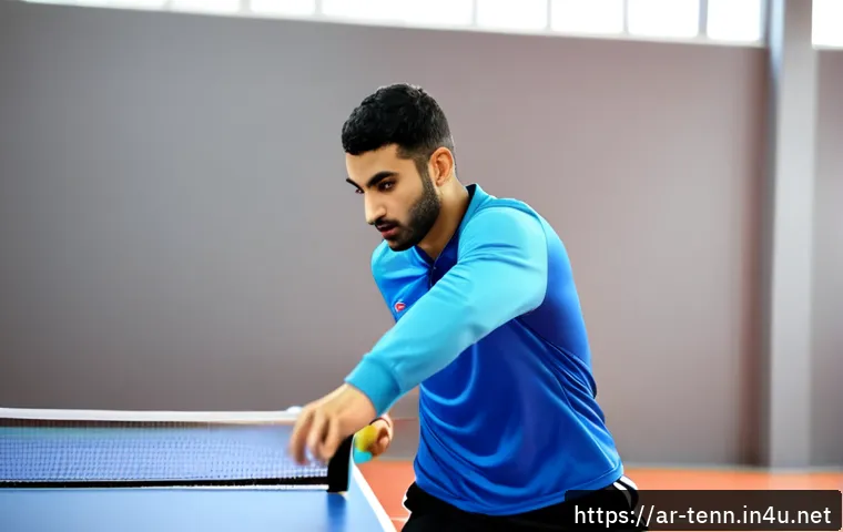 탁구 드라이브 기술 - Photorealistic indoor table tennis training scene in a bright modern sports hall, Arab adult male at...