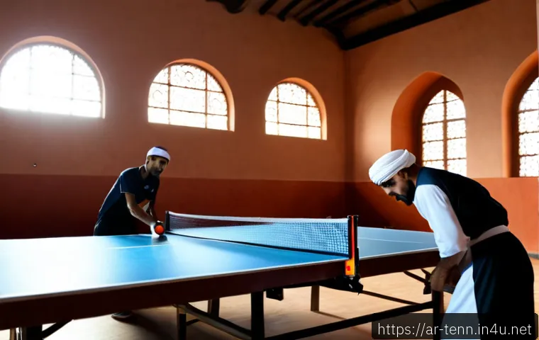 탁구 경기룰 변화 역사 - Photorealistic split-era table tennis scene in a bright Arab community sports hall: on the left, a 1...