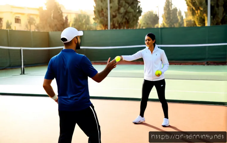 테니스 코칭 자격증 취득 방법 - Photorealistic wide shot of an Arab tennis coach in modest professional sportswear demonstrating a f...