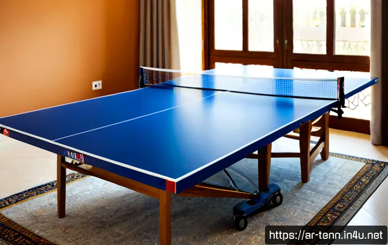 탁구 테이블과 의자 세트 추천 - Photorealistic bright modern home recreation room featuring a full-size blue table tennis table with...