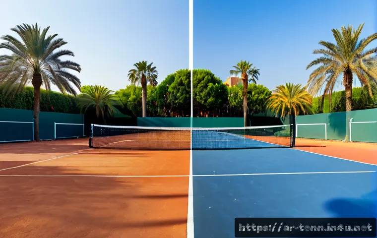 테니스 클레이 코트와 하드 코트 비교 - Photorealistic split-scene comparison of two empty tennis courts viewed from the same low baseline a...